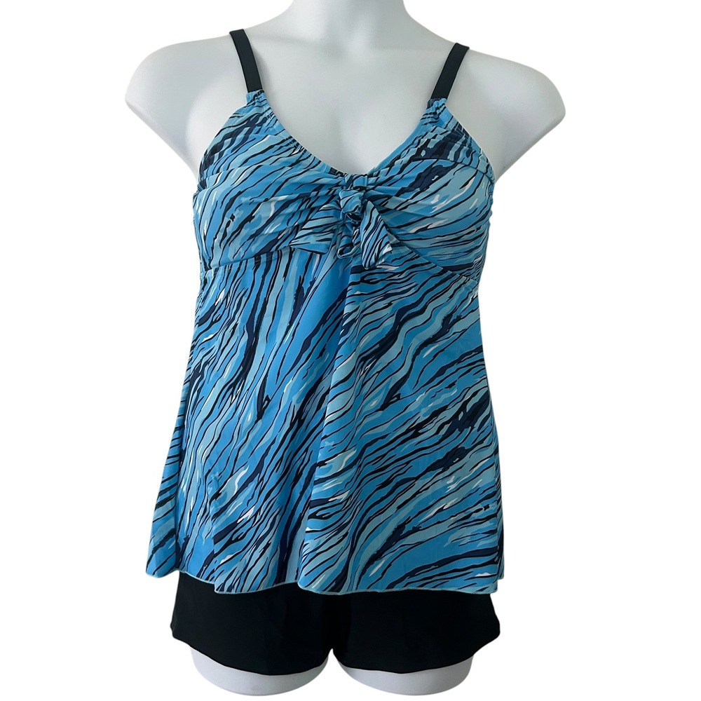Women's Blue Wave Tankini Boy Shorts Padded Adjustable Two-Piece Swimsuit Large